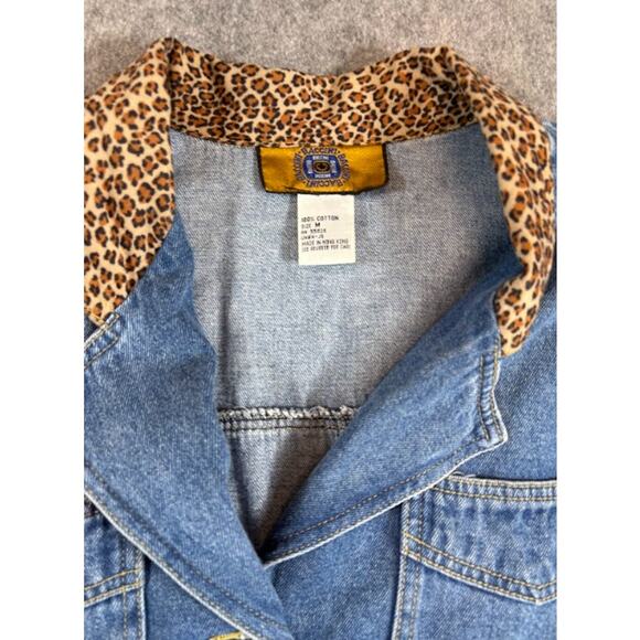 VTG Baccini Denim Jacket Womens Medium Leopard Collar Belted Chore Barn 90s Y2K - Picture 4 of 7